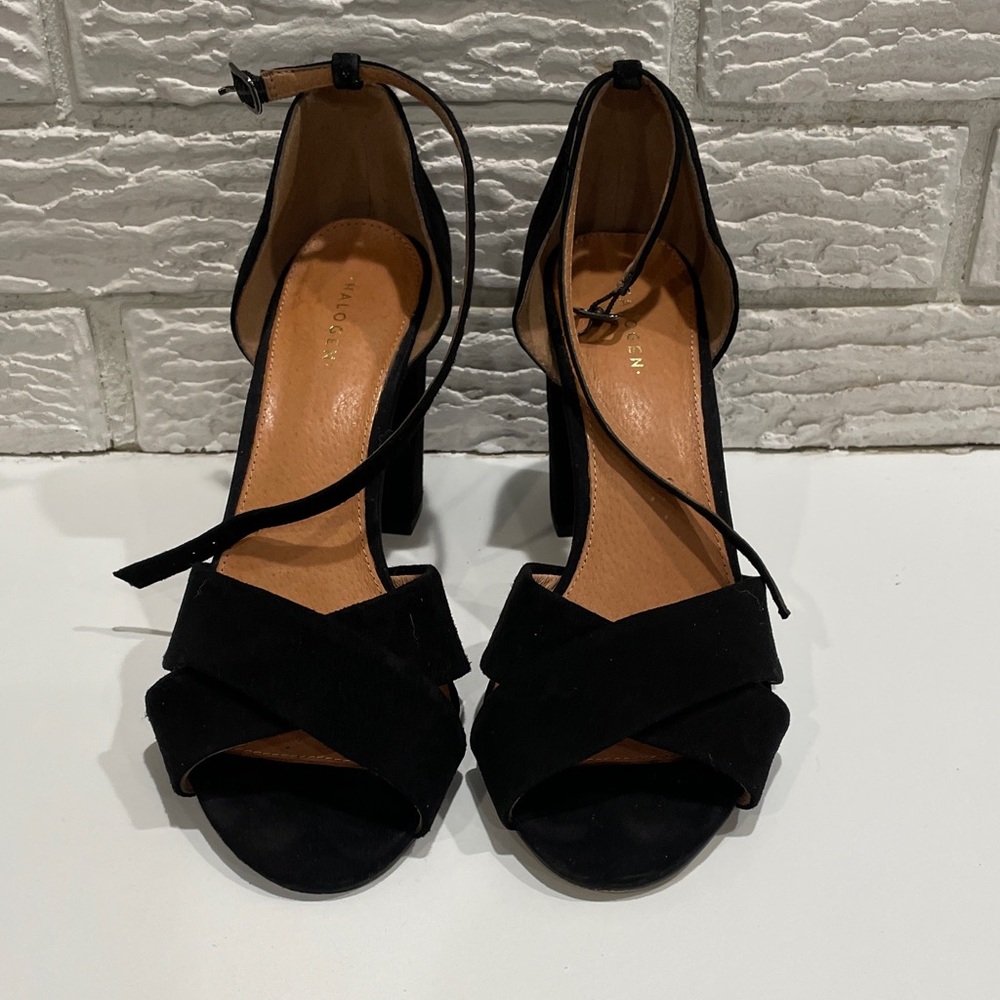 Halogen Black Strappy Heels 
Suede 3 1/2 inch heel